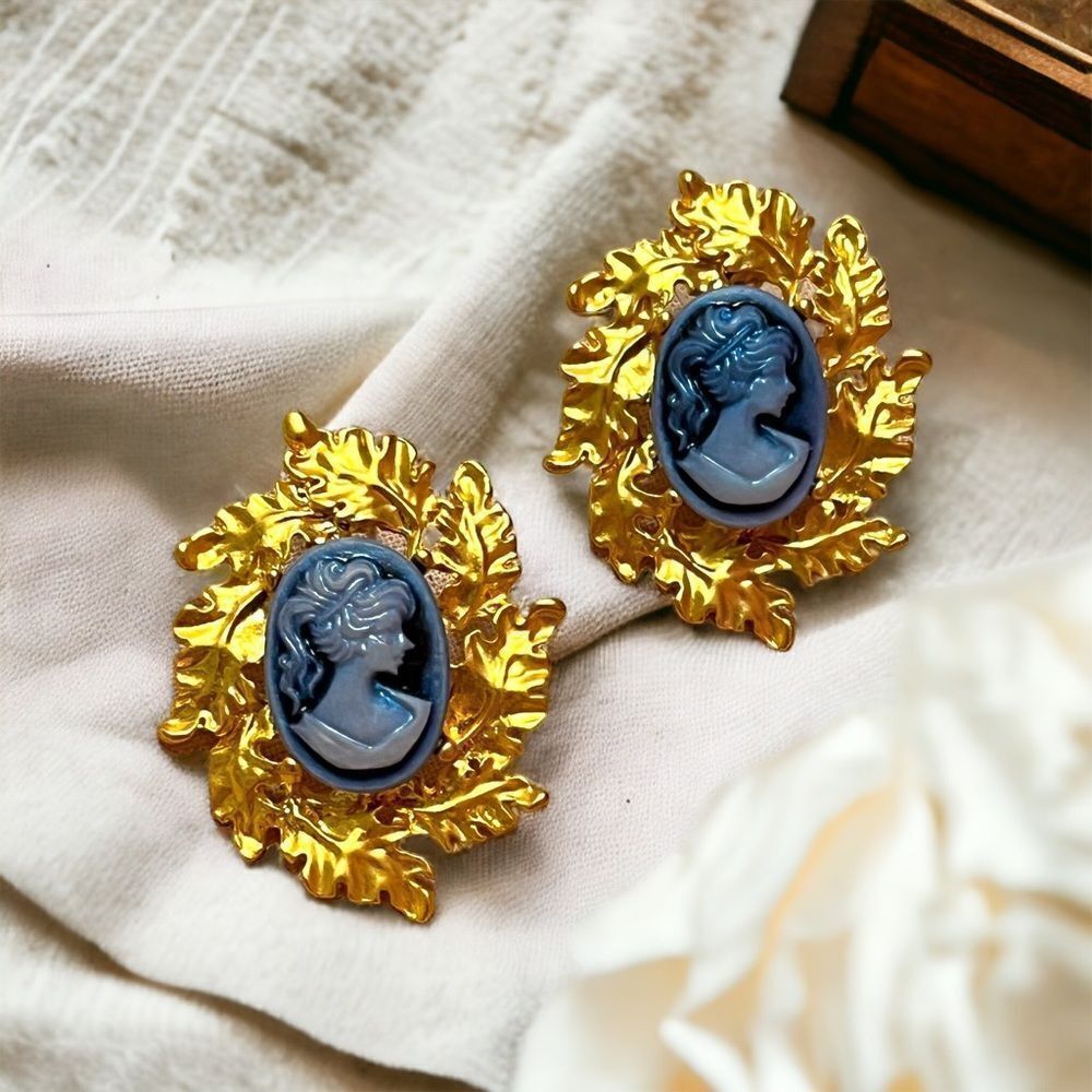 Cameo Leaf Gold Tone Statement Earrings NWT